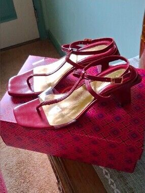NIB - Tory Burch Red T‑Bar Sandals with Clear Toe Strap